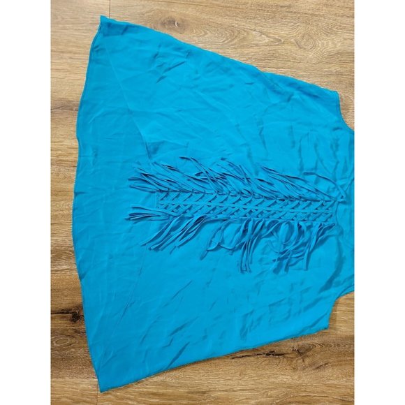 BCBG Maxazria Womens Aqua S Dress Tank Fringe Criss Cross Longer Back 100% Silk - Picture 2 of 7